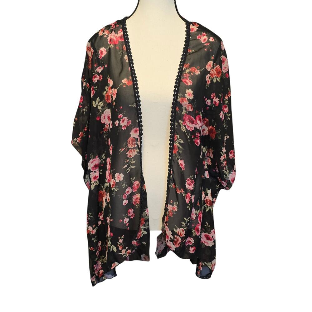M Fasis Kimono Top Womens Size Small Black Floral Print Whimsigoth Topper Layer